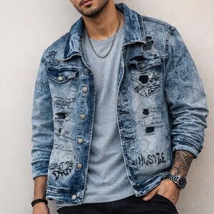Road Narrows N.Y.C. Distressed Acid Wash Denim Jacket Unisex XL Respect The Drip